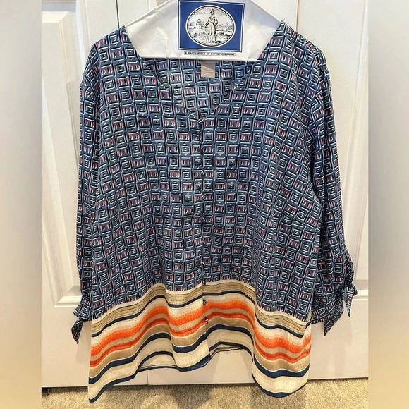 Chicos Women's Size 3 Blue Tie Sleeve Top. 3/4 Sleeve. SU21-19 - Picture 1 of 3
